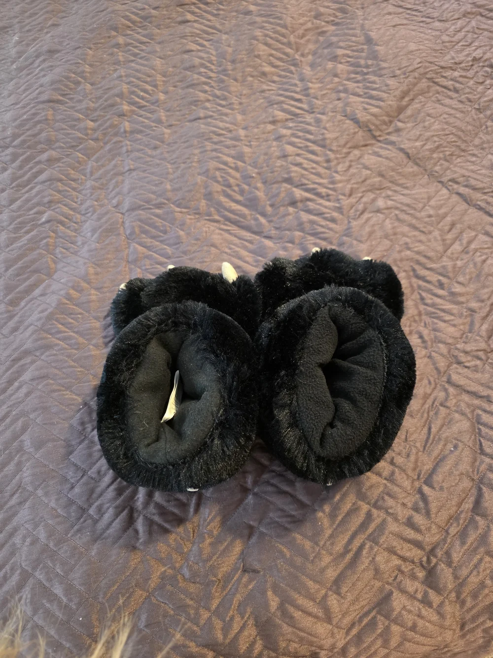 Lazy One Black Plush Bear Paw Kids Slippers with Cream Claws